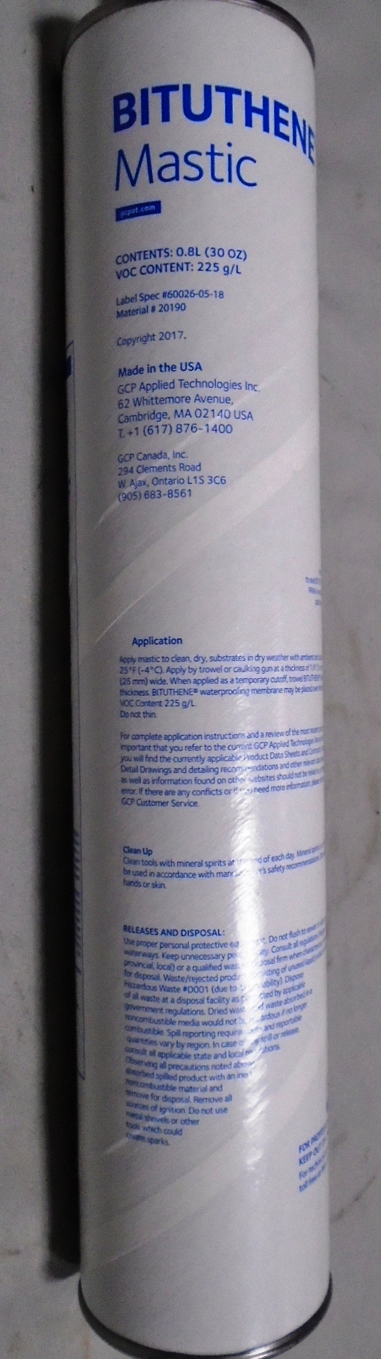 GCP Bituthene Mastic Membrane, 30Ounce Tube 9212929 Kuhlman Direct