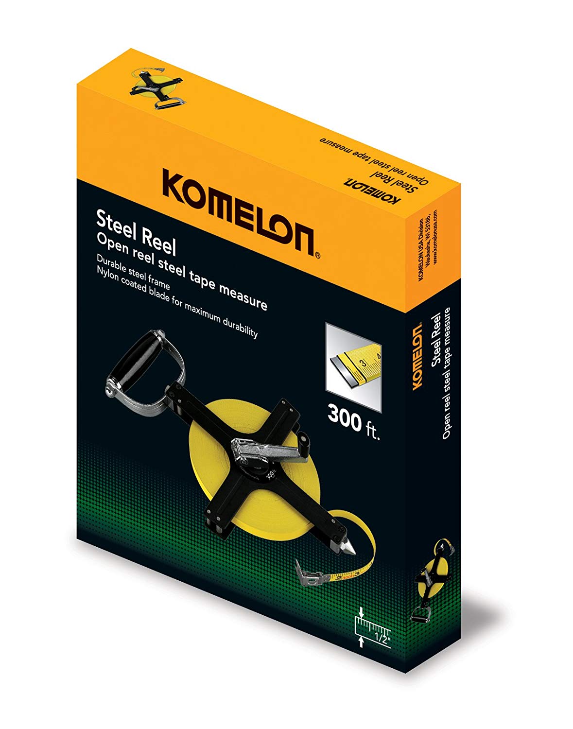Komelon Open-Reel Steel Tape Measure, Metal-Reel, 300' L x 1/2 W - 9090083